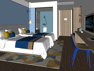 Hotel Guest Room With Twin Beds Colorful Pillows Geometric Pattern Rug And Wooden Flooring 3d model