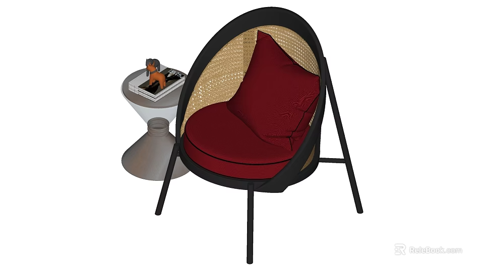 Comfortable Rattan Leisure Chair with Black Frame and Red Cushion and Small Round Table 3d model 