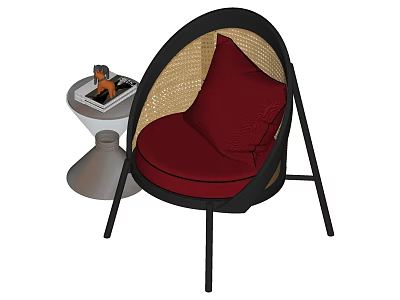 Comfortable Rattan Leisure Chair with Black Frame and Red Cushion and Small Round Table 3d model