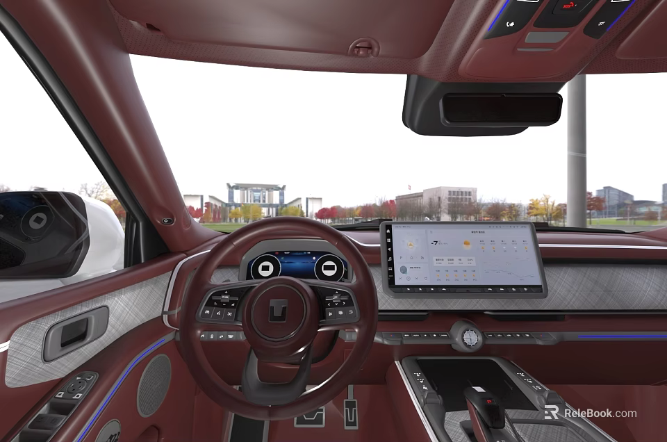 Modern Car Interior With Brown Leather Steering Wheel Central Control Screen And Dashboard 3d model