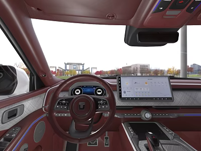 Modern Car Interior With Brown Leather Steering Wheel Central Control Screen And Dashboard 3d model