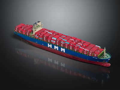 Large Container Ship With Red Containers And HMM Logo On Deck 3d model