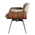 Modern Beige Upholstered Accent Chair With Walnut Wooden Armrests And Black Metal Legs