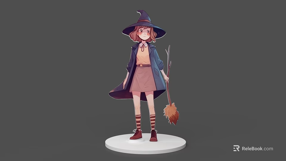 Cute Anime Witch Game Movie Character With Pointed Hat Cloak And Broomstick 3d model 
