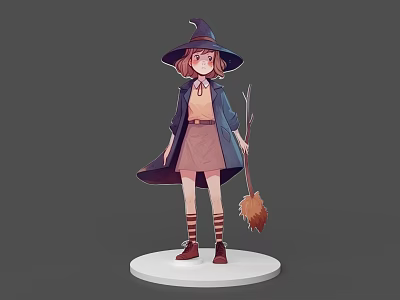 Cute Anime Witch Game Movie Character With Pointed Hat Cloak And Broomstick 3d model
