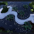 Garden Landscape Design With Curved White Pathway Lotus Plants And Illuminated Water Feature