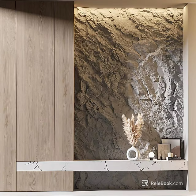 Elegant Decorative Ornament Set On Marble Countertop With Wooden Cabinet And Rock Textured Wall 3d model 