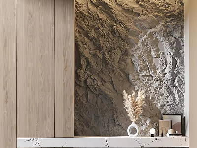Elegant Decorative Ornament Set On Marble Countertop With Wooden Cabinet And Rock Textured Wall 3d model