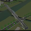 Modern Arch Bridge With Roadway And Railings Near Modern Buildings Trees And River