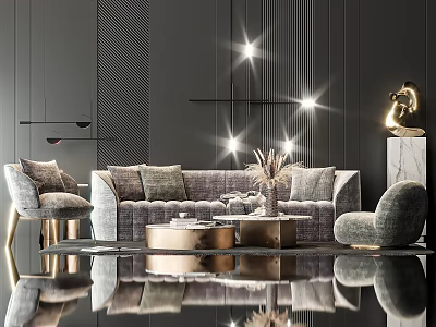 Modern Luxury Sofa And Coffee Table Set With Gray Cushions Gold Base Chandelier And Sculpture 3d model