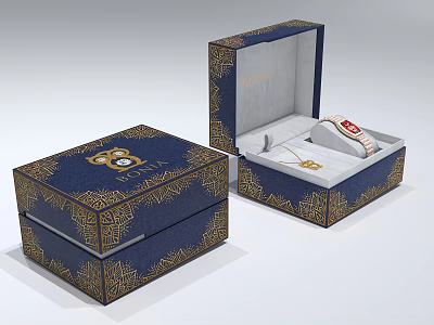 Open Blue Box With Gold Patterns Containing Watch And Necklace Inside 3d model