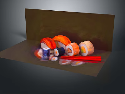 Fresh Sushi Platter With Assorted Maki Rolls Chopsticks And Soy Sauce 3d model
