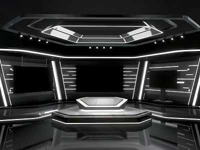Modern Studio Interior Design With Black White Palette Central Platform And Large Screens 3d model
