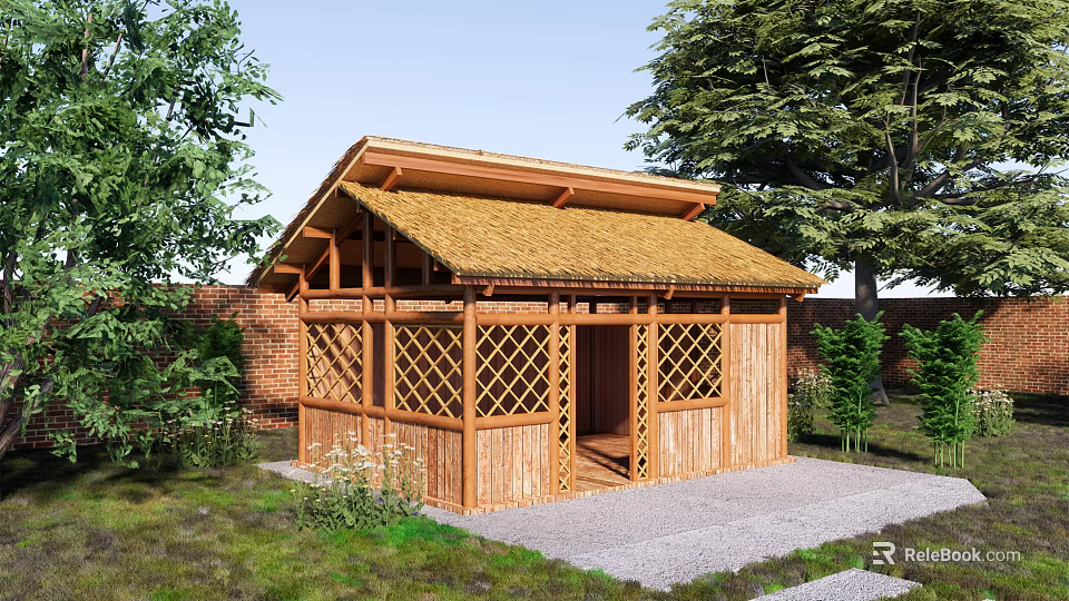 Wooden Cabin With Thatched Roof Lattice Windows Surrounded By Greenery Brick Wall And Gravel Ground 3d model 