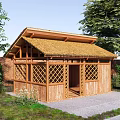 Wooden Cabin With Thatched Roof Lattice Windows Surrounded By Greenery Brick Wall And Gravel Ground
