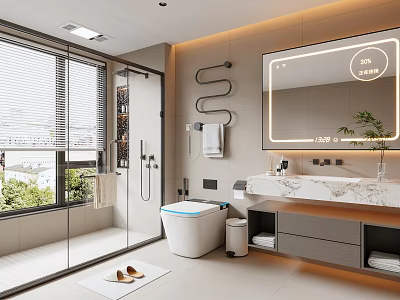 Modern Bright Smart Bathroom Interior With LED Vanity Mirror Intelligent Toilet And Large Window Design 3d model