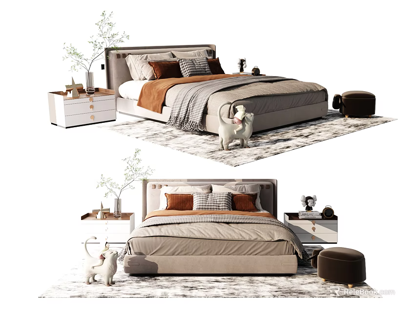 Modern Double Bed Bedroom With Bedside Tables Decorative Pillows And Ottoman 3d model