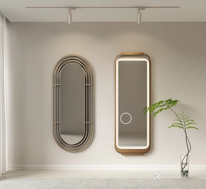 Two Stylish Mirrors Oval and Rectangular Golden Frame Mounted on White Wall with Green Plant 3d model 