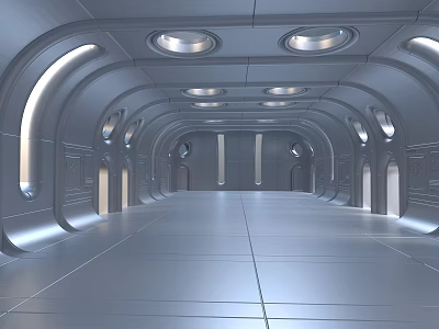 Futuristic Sci Fi Corridor With Curved Walls Circular Lights And Smooth Metallic Floor 3d model