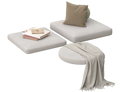 Modular Sectional Sofa with Square and Round Cushions Brown Pillow Books and Gray Throw Blanket 3d model