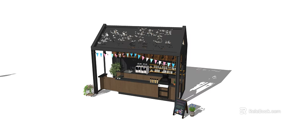 Outdoor Food Beverage Kiosk With Black Roof Colorful Bunting Flags And Wooden Counter 3d model 