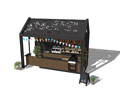 Outdoor Food Beverage Kiosk With Black Roof Colorful Bunting Flags And Wooden Counter 3d model