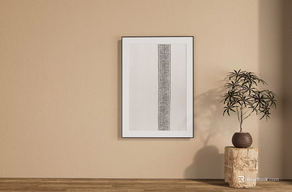 Interior With White Framed Artwork Vertical Stripes On Beige Wall And Potted Plant Wooden Stand 3d model 