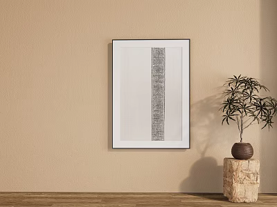Interior With White Framed Artwork Vertical Stripes On Beige Wall And Potted Plant Wooden Stand 3d model