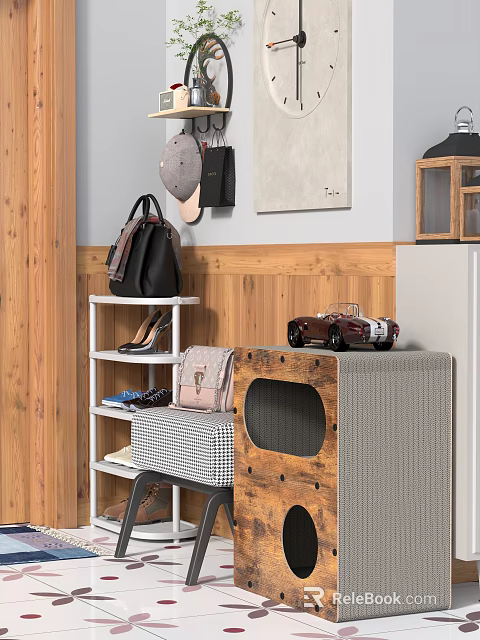Wooden Shoe Cabinet With Cat Hole Design And Multi tier Shelf For Shoes And Bags 3d model 