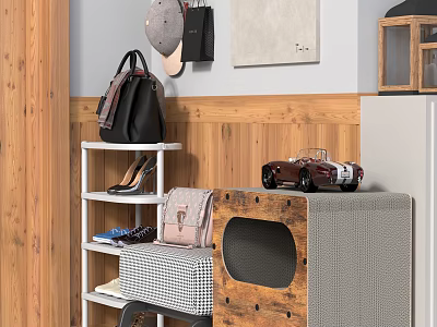 Wooden Shoe Cabinet With Cat Hole Design And Multi tier Shelf For Shoes And Bags 3d model
