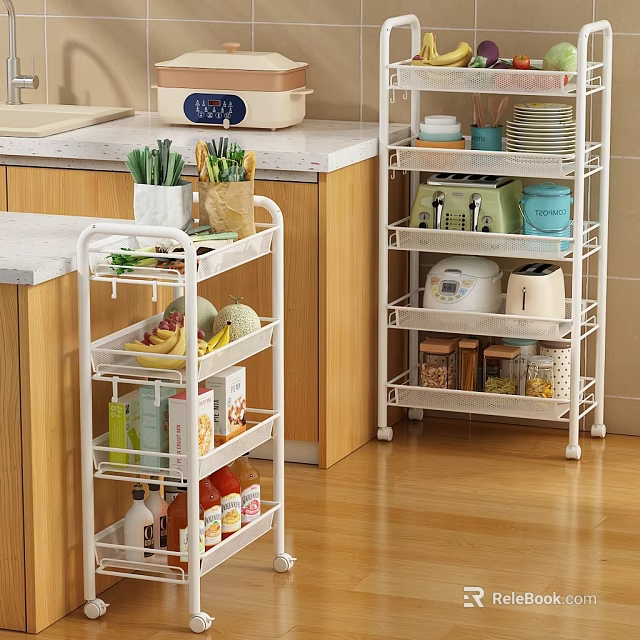 Modern Kitchen Interior With Functional Cabinets Rolling Cart And Storage Shelves 3d model 
