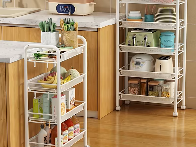 Modern Kitchen Interior With Functional Cabinets Rolling Cart And Storage Shelves 3d model