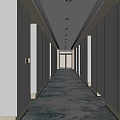 Modern Hotel Corridor Featuring Silver Walls Wooden Trim Elevators And Elegant Lighting On Carpet