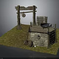 Rustic Stone Well Scene With Wooden Frame Metal Basin And Wooden Fence
