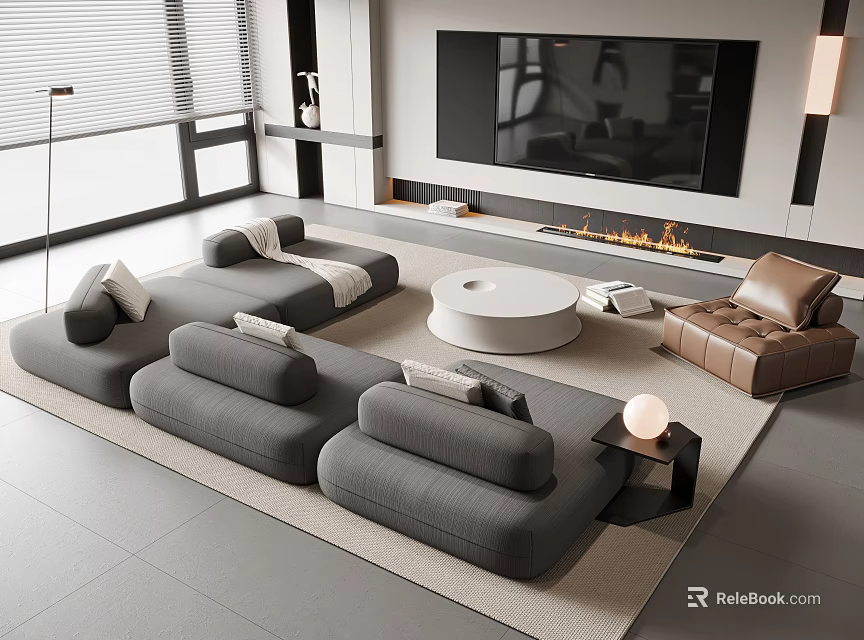 Gray Modular Sofa Coffee Table Set With Round White Table In Modern Living Room 3d model