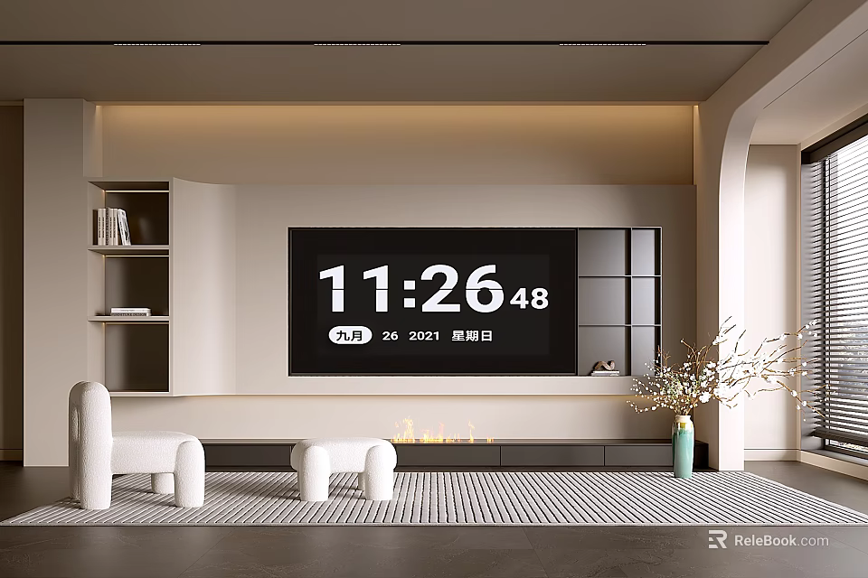 Modern Living Room Interior With TV Wall Bookshelves Cabinets Striped Rug And White Furniture 3d model 