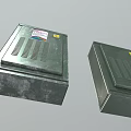 Two Green Metal Electrical Cabinets With Warning Signs And Colored Sticker