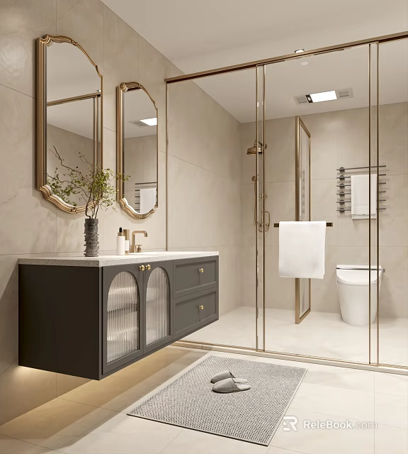Modern Public Restroom Interior Design with Gold Accents Vanity Mirrors Glass Partition Toilet and Plants 3d model 