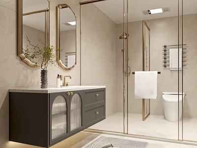 Modern Public Restroom Interior Design with Gold Accents Vanity Mirrors Glass Partition Toilet and Plants 3d model