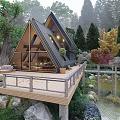 Detached Villa With Triangular Roof Wooden Deck And Autumn Trees By Pond