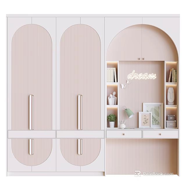Stylish Arched Wardrobe With Striped Panels And Lit Shelves Featuring Dream Neon Sign 3d model 