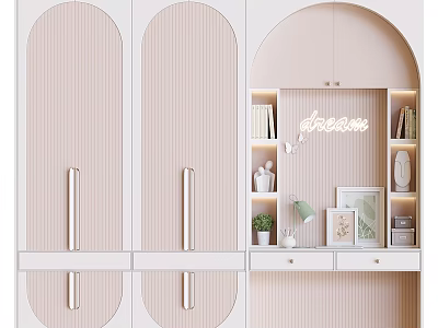 Stylish Arched Wardrobe With Striped Panels And Lit Shelves Featuring Dream Neon Sign 3d model