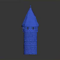Blue Tower Model With Pointed Roof And Brick Textured Walls Featuring Small Windows