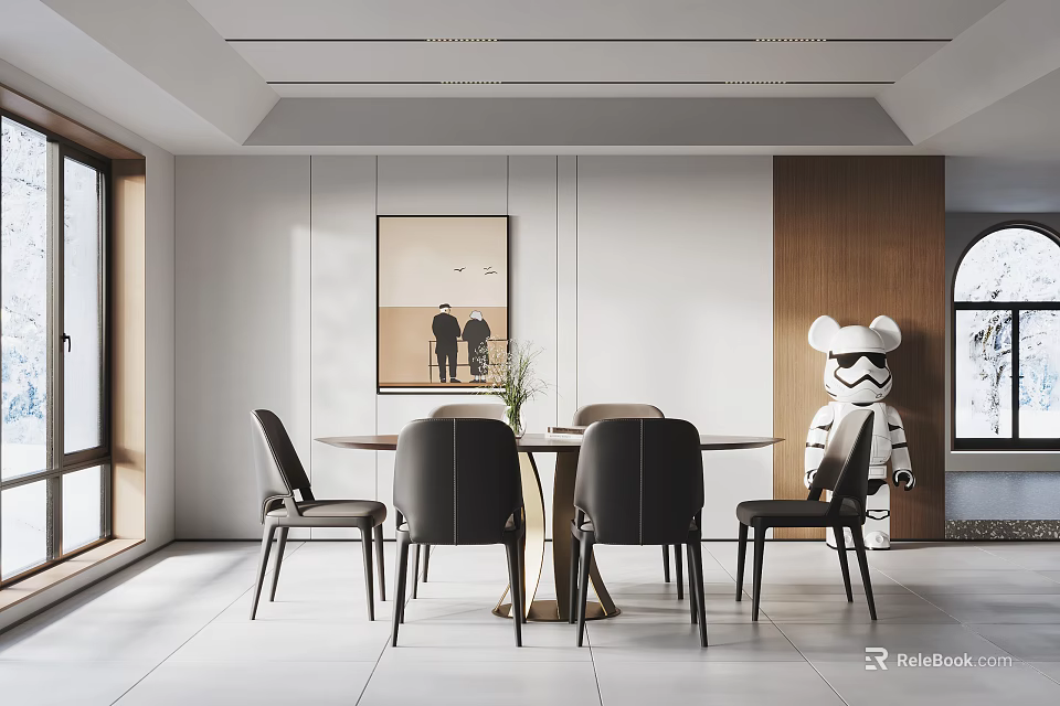 Modern Restaurant Interior With Round Dining Table Chairs Wall Art And Large Windows 3d model