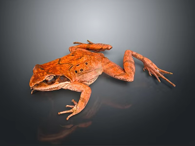 Orange Frog On Black Reflective Surface With Detailed Limbs And Textured Skin 3d model