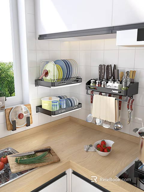 Wall Mounted Kitchen Utensil Racks With Plates Bowls Knives Spice Jars And Towels 3d model 