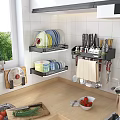 Wall Mounted Kitchen Utensil Racks With Plates Bowls Knives Spice Jars And Towels