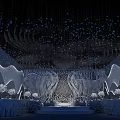 Elegant Floral Installation With Hanging White Blooms And Stage Decor Elements
