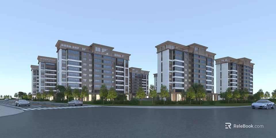 Modern High Rise Residential Building Exterior With Brown White Facade And Green Trees 3d model 