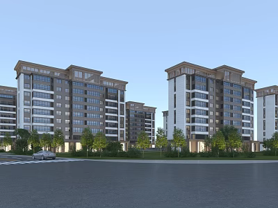 Modern High Rise Residential Building Exterior With Brown White Facade And Green Trees 3d model